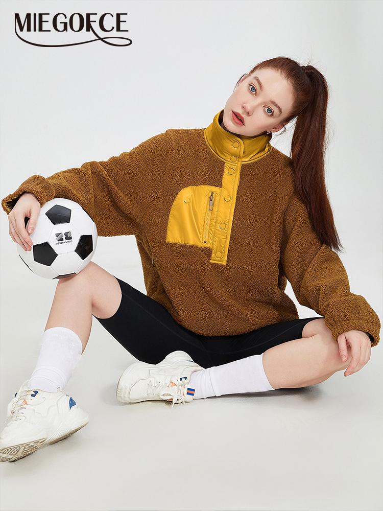 

MIEGOFCE весенне-осенняя модная теплая женская куртка с карманами и карманами контрастного цвета, пуловер из овечьей шерсти, пальто