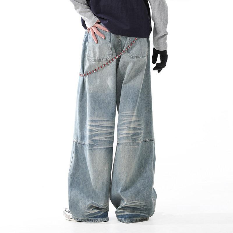 Wide Leg Distressed Washed Denim Pants Men Women Relaxed Straight Fit Cropped Tapered Jeans Cotton Blend Streetwear