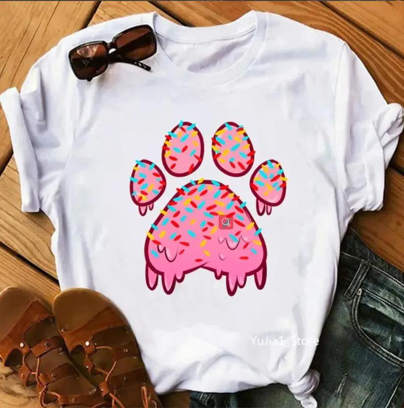 Women's Large Size Short Sleeve Crewneck T-Shirt Cartoon Hand-Painted Dog Paw Print Warm Polyester Fabric Summer Fashion