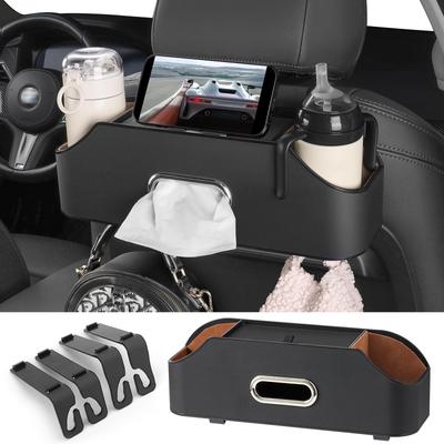 Sancaral Car Leather Multifunctional Rear Seat Drink Holder with Tissue Box and Headrest Cup Holder Storage Car Travel Storage Organizer Hooks, Box,