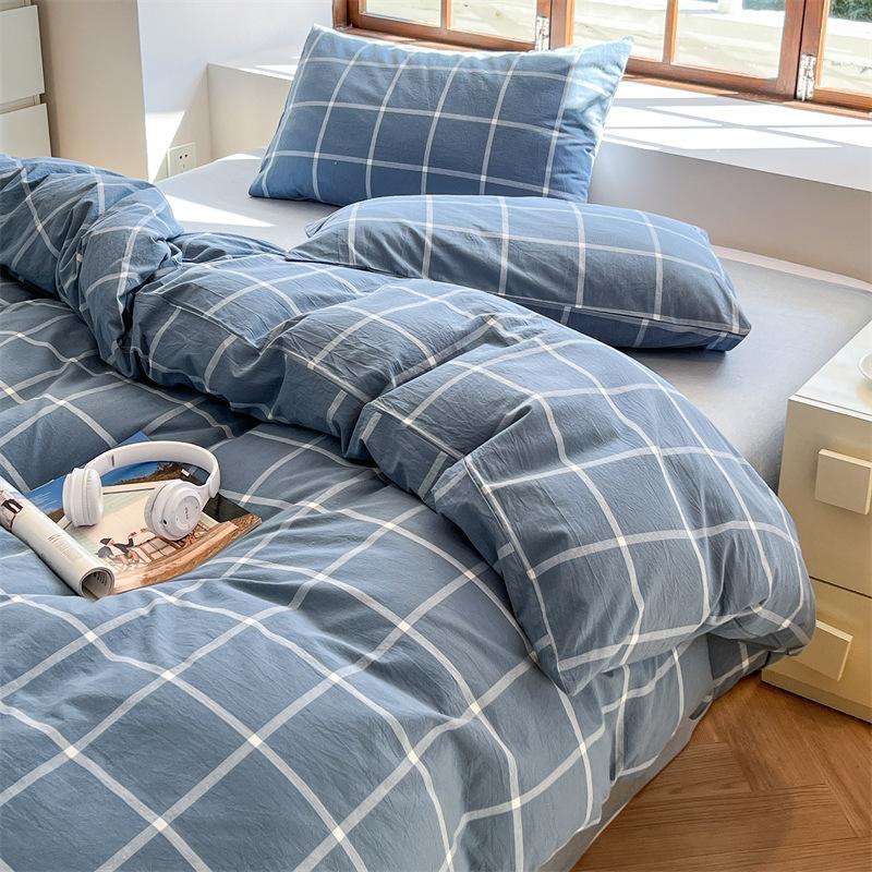 Retro Striped Four-piece Set, Cotton Pure Cotton 100 Washed Cotton Bed Sheet Quilt Cover, Male Student Dormitory Bed Three-piece Set 1