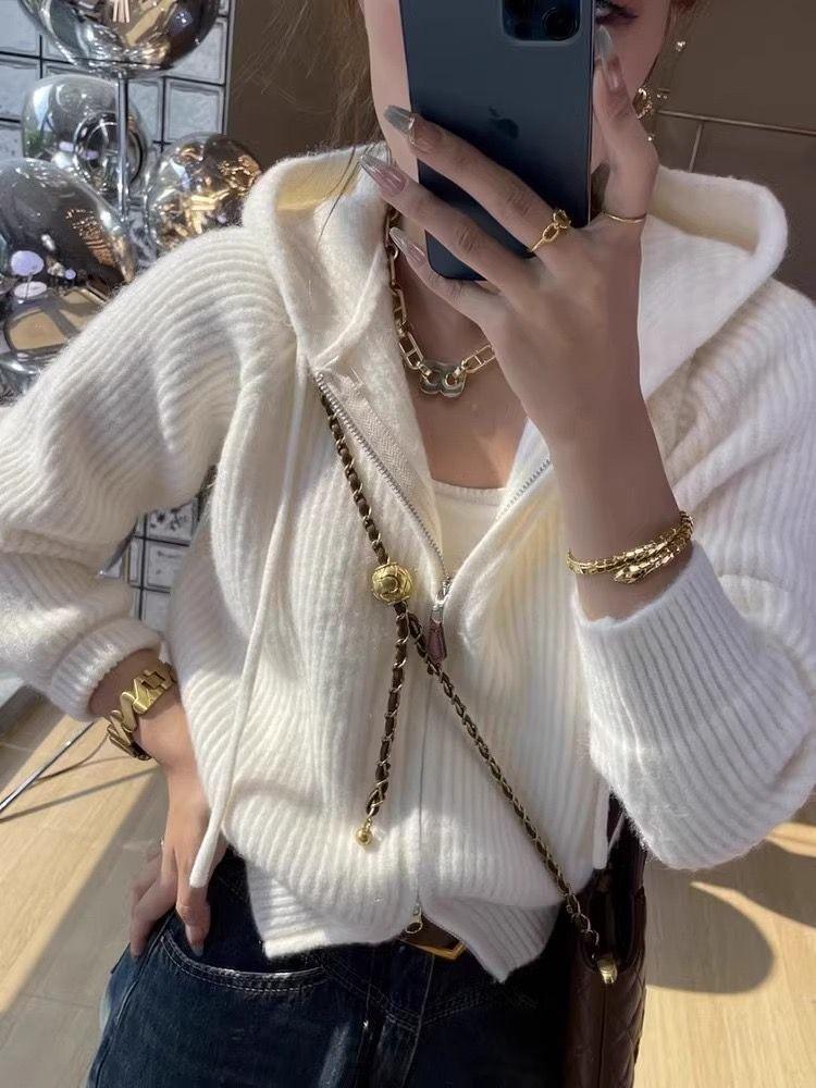 Hooded Small Fragrant Style Western-style Design Outerwear Women's Autumn and Winter New Short Loose Knitted Cardigan Sweater