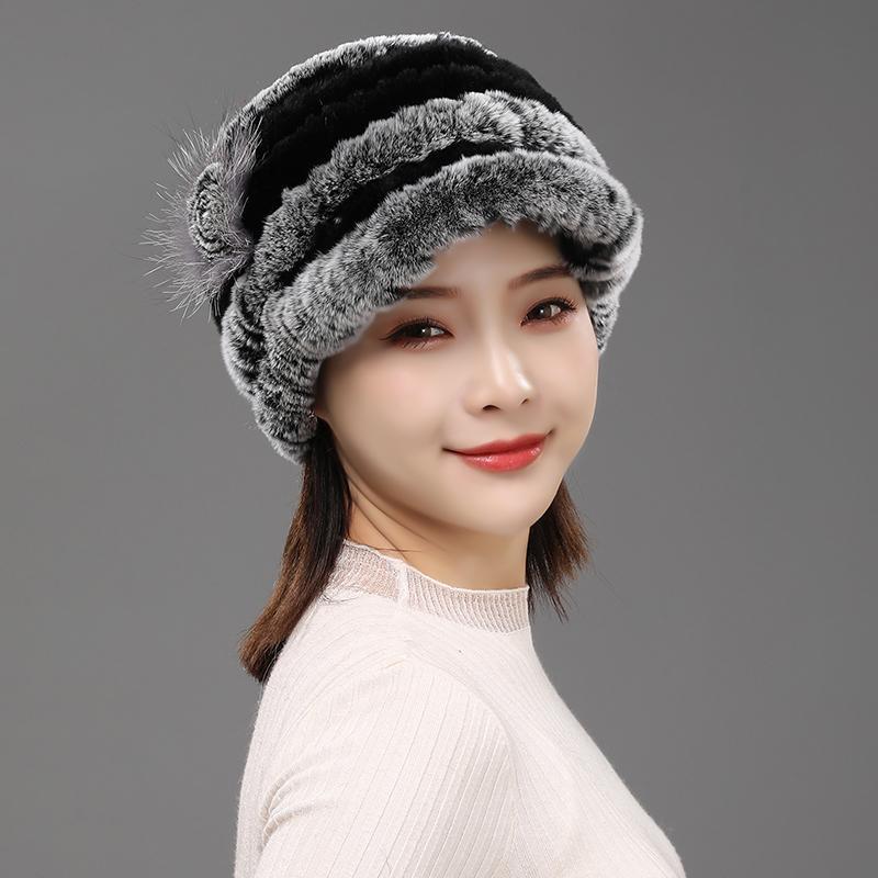 Fur Hat for Women Winter Rex Rabbit Fur Middle-aged and Elderly Ladies Mothers and Grandmothers Fashionable and Warm Knight Cap