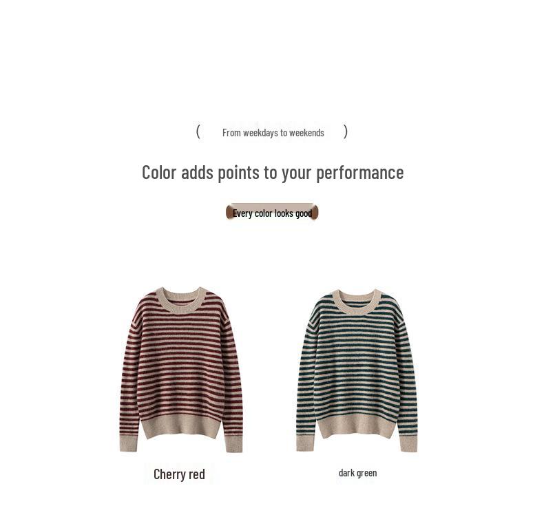 Women's Striped Cashmere Sweater - 2025 Autumn/Winter, Half-High Neck, Sweet Style, Loose Slimming Pullover