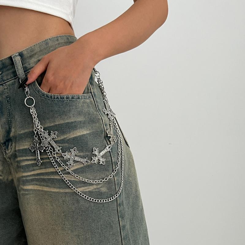Punk Mehrschichtig Metall Stern Kreuz Anhänger Hosenkette Hip Hop Taille Schlüsselanhänger Jeans Kette Damen Trendiger Schmuck Zubehör Geschenke