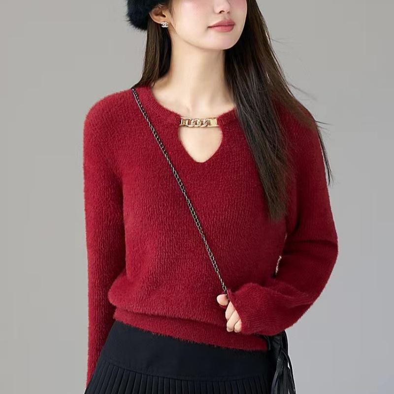 Hollow Out Solid Color Sweater for Women Autumn and Winter Small Fragrance Style Knitted Sweater Top