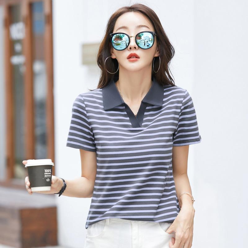 Summer Women's T-shirt POLO Collar Striped Lapel Comfortable Casual Short Sleeve T-shirt