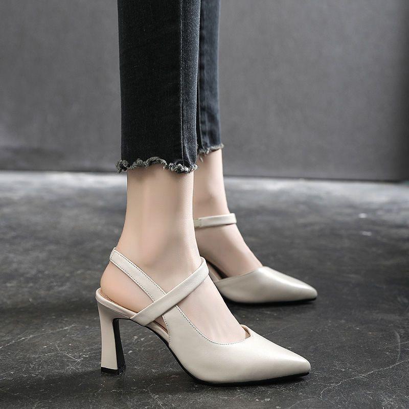 Pointed Sandals Women's Small Size Bag Head Soft Leather Summer 2025 New Middle Heel Empty Soft Leather Fine Heel Spring and Summer Women's Shoes