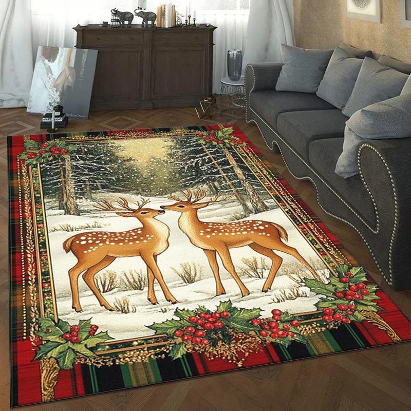 Winter Deer Christmas Rug for Festive Season Snowy Landscape Carpets Holiday Home Decor Anti slip carpet can be machine washed