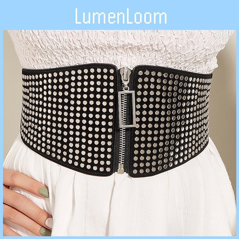 Multiple Small Flat Nail Zipper Waist Seal Waistband With Rivets Black Belt
