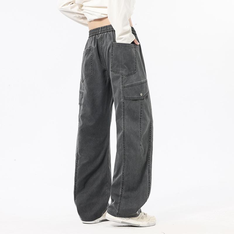 Overalls men's autumn new American trendy brand solid color versatile loose wide-leg elastic waist straight trousers men