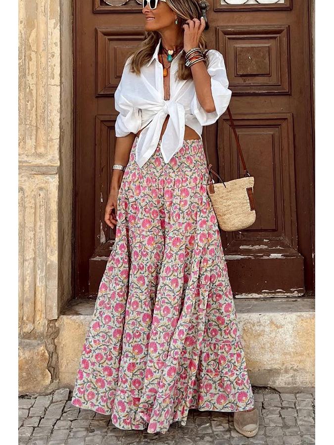 2023 Summer European & American Casual Women's Printed Long Dress with Elastic Waist for Vacations