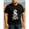 European Size Wealth Symbol $ RICH Men's Printed Short Sleeve T-Shirt, Medium Stretch Fashion Style, High-Quality Polyester Tee, New Trendy Men's Wear