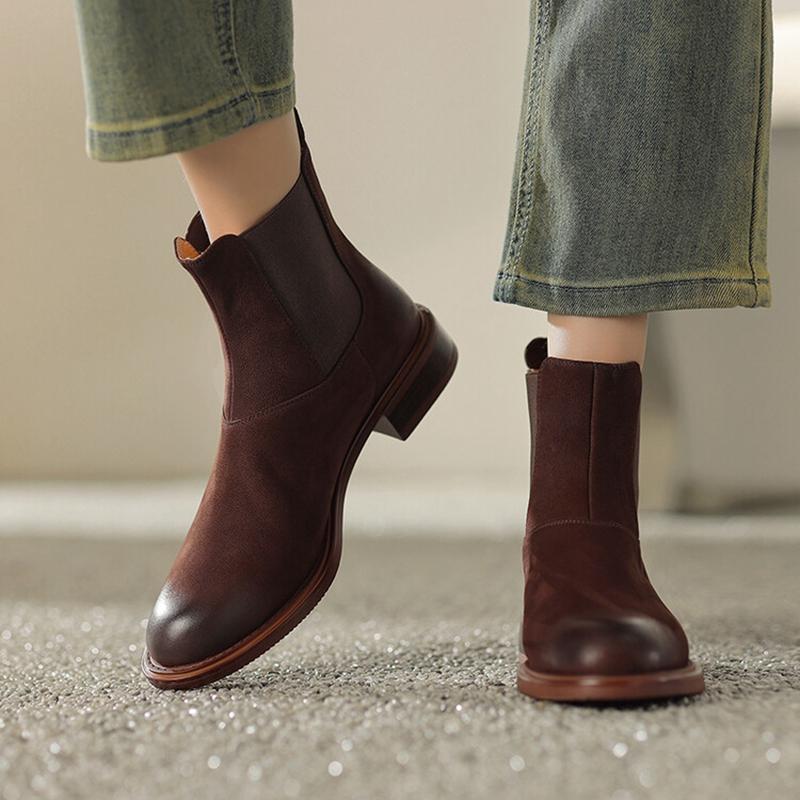 Fashion NEW Autumn/Winter Women Boots Round Toe Low Heel Chelsea Boots Genuine Leather Shoes for Women Retro Ankle Boots botas de mujer