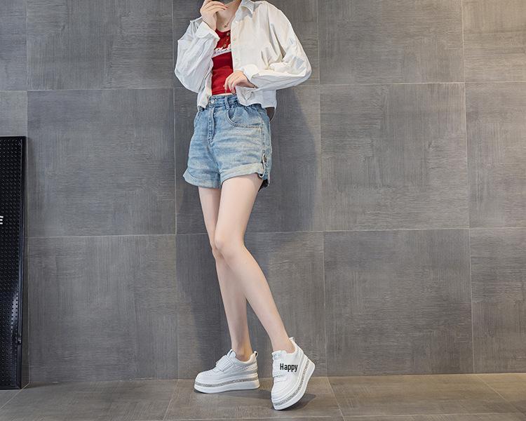 2025 Autumn Women's Rhinestone Sneakers - Petite Height Boost, Magic Tape Closure, Casual Trendy Thick Sole, White