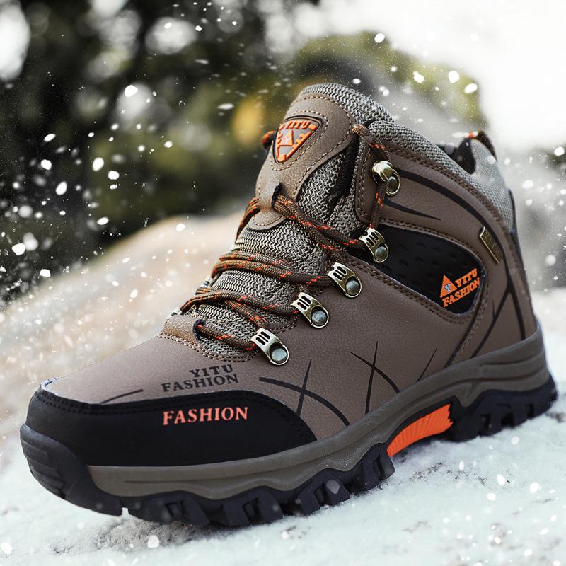 Autumn and winter hiking shoes cotton shoes high-top leather surface piled thickened warm large size outdoor hiking off-road shoes