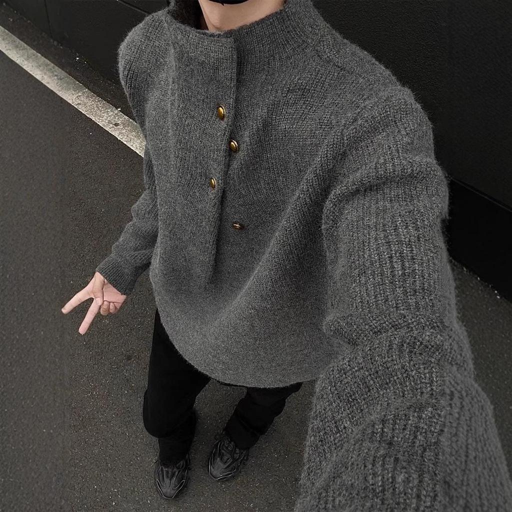 Men's Korean Style High Neck Sweater with Irregular Button Design – Trendy Oversized Knitwear