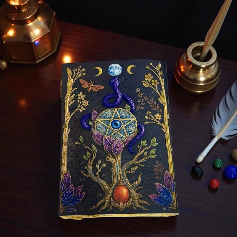 Mystic Pentacle Leather Journal | 5×7" Handmade Deckle Edge Paper | Wiccan Moon & Serpent Art Notebook | Vintage Occult Grimoire with Lock