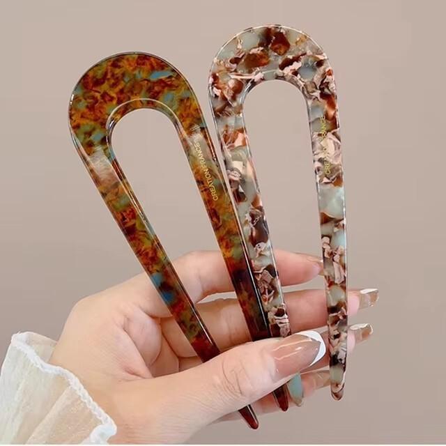 Fashion Marble Print U-Shaped Hair Fork Acetate Geometric Hair Clip Stick For Bun Maker Women Girls DIY Vintage Hairstyle Tools