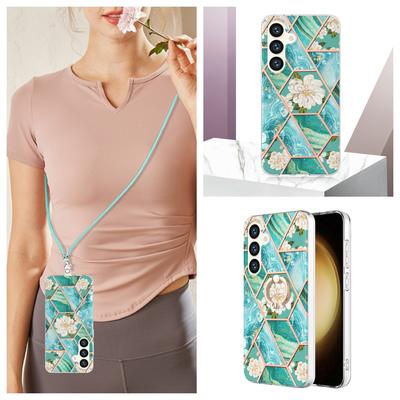 Mavi Çiçek Ekleme Mermer Çıkarılabilir Tokalı Boyun Askısı veya Düşme Önleyici Yüzük veya Samsung iPhone Xiaomi Redmi Oppo Nokia Moto... için Pürüzsüz Tasarım Kılıf