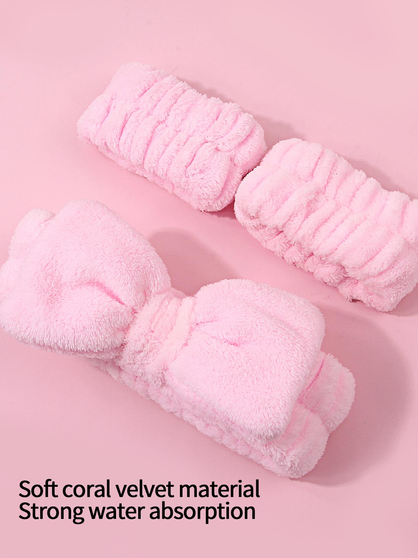 

Набор из 3/6 плюшевых повязок для умывания с бантом, повязка на голову/напульсник, влагозащитная повязка для макияжа/туалетных принадлежностей для мужчин и женщин Size fits all розовый