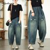 Plus Size Wiosna Lato Kobiety Streetwear Harem Jeansy Wysoki Stan Cartoon Haft Kieszenie Spodnie Jeansowe Stylowe Luźne Damskie Jeansy