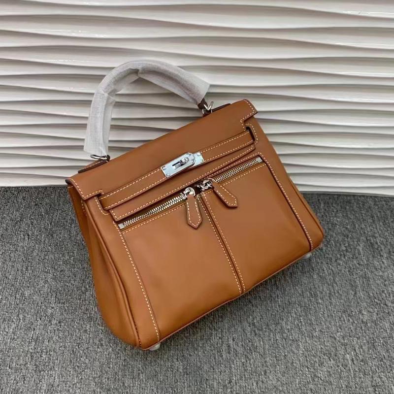 New Lakis Bag With Double Zippers And Wide Shoulder Straps High-end Multi Pocket Good Texture Swift Genuine Cowhide