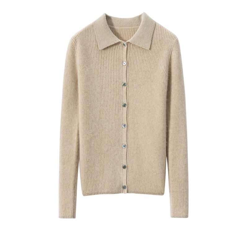 Women's Striped Polo Collar Cashmere Knit Cardigan Sweater for Autumn and Winter