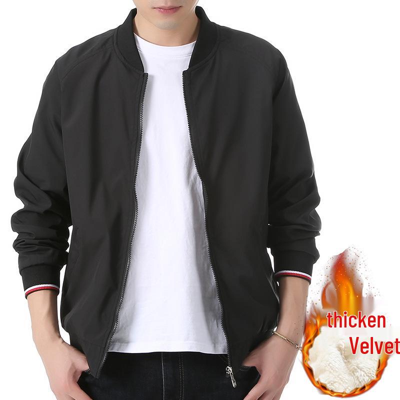 Men's Plus Size Raglan Sleeve Baseball Jacket - Stand Collar, Velvet Lined for Spring, Autumn, and Winter. Casual Business Style Outerwear.