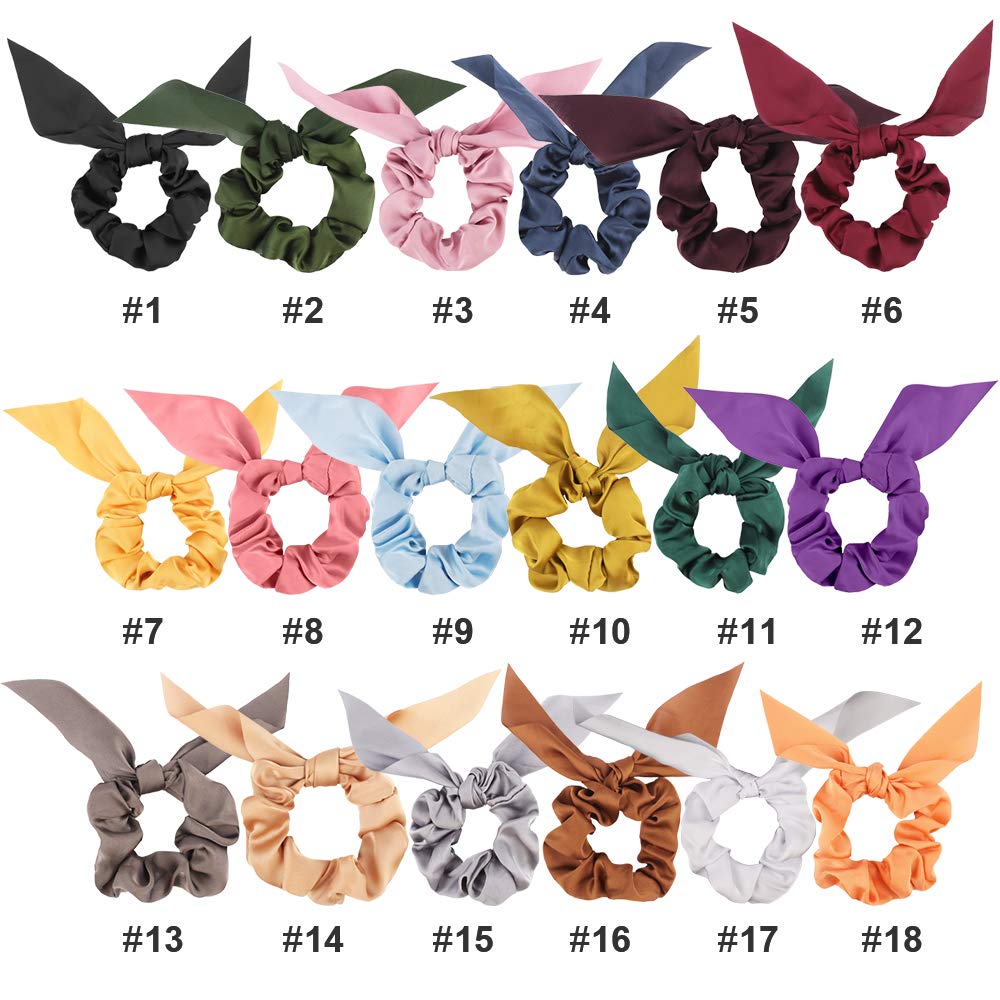 Chiffon Silk Scrunchies Set, 18 Pcs Solid Color Bow Ponytail Holders, Rabbit Ear Bowknot Hair Accessories for Women and Girls