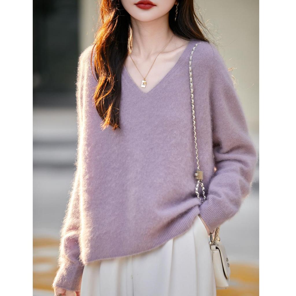 Women's V-Neck Cashmere Wool Pullover Sweater - Seamless, Brushed Knit, Long Sleeve for Autumn/Winter