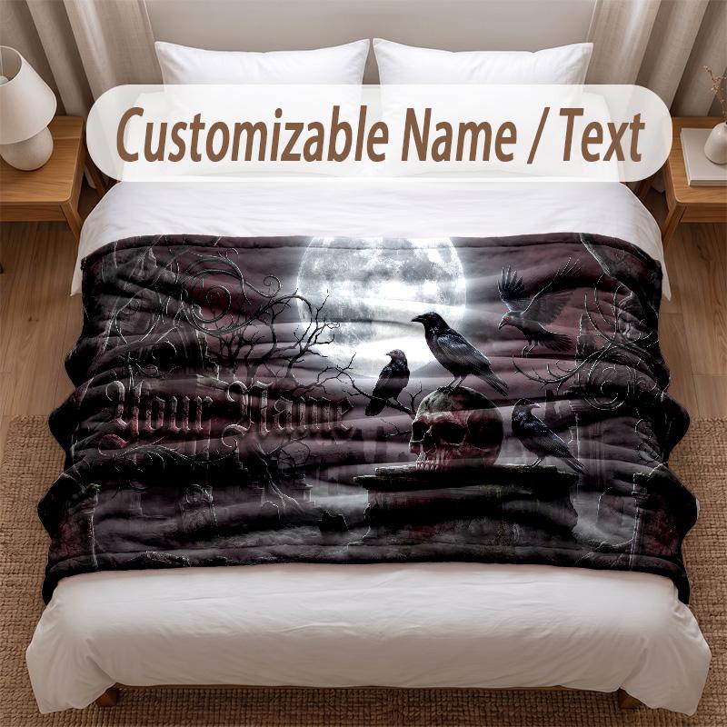 Skull Gothic Theme Soft Blanket Personalized Custom Name Text Print Warm Blanket Home Sofa Bedroom Decor