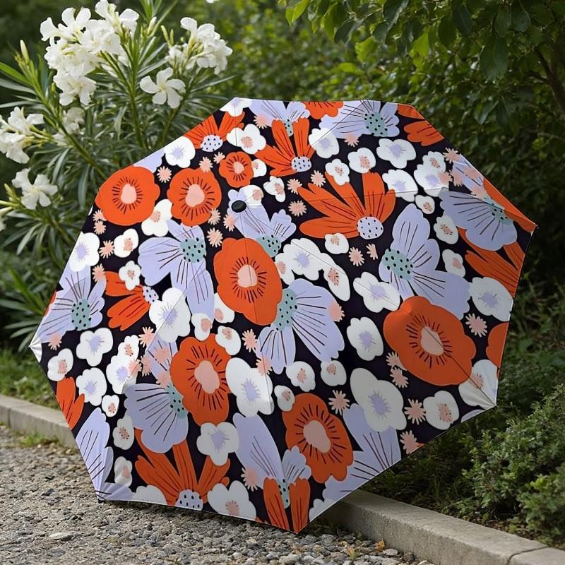 

1pc Automatic Folding Umbrella - Black with Orange and Purple Geometric Floral Pattern, Sun and Rain Protection, Sunscreen and (as the picture,Iron&8K)