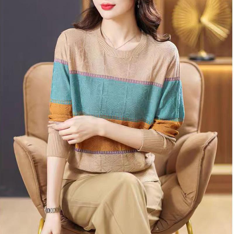 

Полосатый тонкий трикотажный свитер, осенний женский свитер с круглым вырезом и цветными блоками, женский базовый слой One size абрикосовый