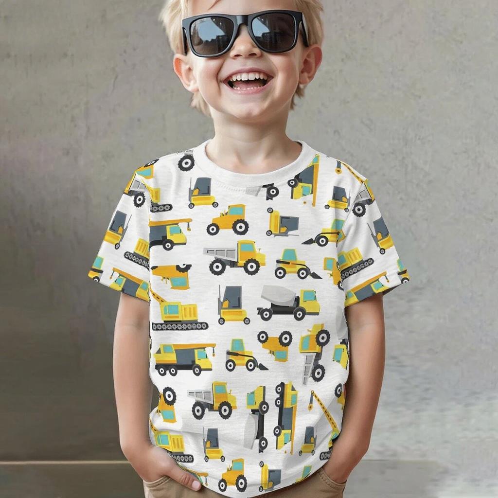 Summer Round Neck Vehicle Themed 3D Printed Top Fashionable Casual Short Sleeved Children's Boy T-shirts