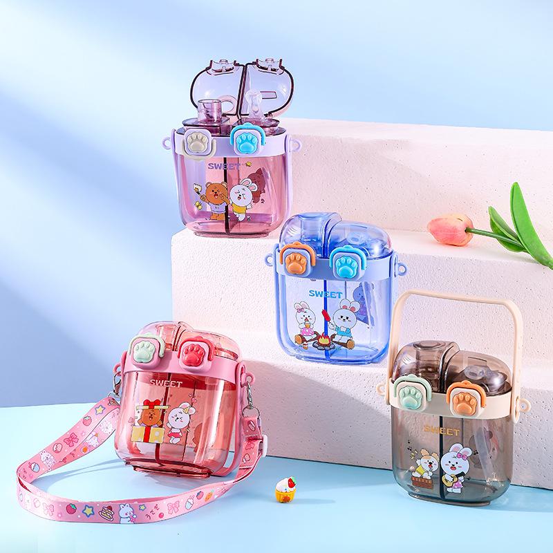 Children's Double-drinking Water Cup with Separate Compartments, Plastic Cartoon Straw Cup, Student Portable Hanging Rope Water Bottle