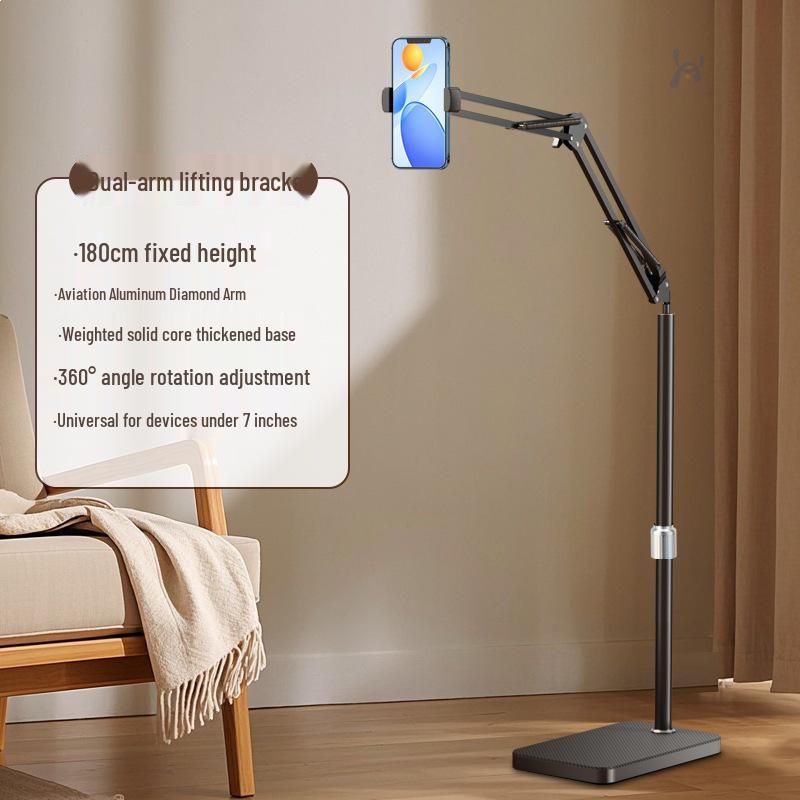 Universal Mobile Device Floor Stand with Telescopic Arm for Binge-Watching and Live Streaming