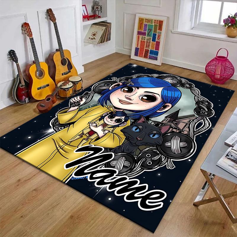 Custom Coraline Mat Personalized Name, Polyester Washable Indoor Entryway Rug, Gift for Christmas, Easter, Thanksgiving Day