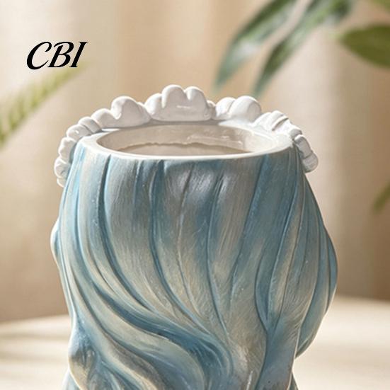 Unique Resin Planter with Flower Garland Cute Girl Planter, Blue Hair Head Small Succulents for Desk Decorative Plant Pot Cacti Indoor Plants