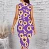 Women Plus Size Sleeveless Round Neck Midi Bodycon Dress Elegant Hanging Floral Print Blue Slim Fit Dress