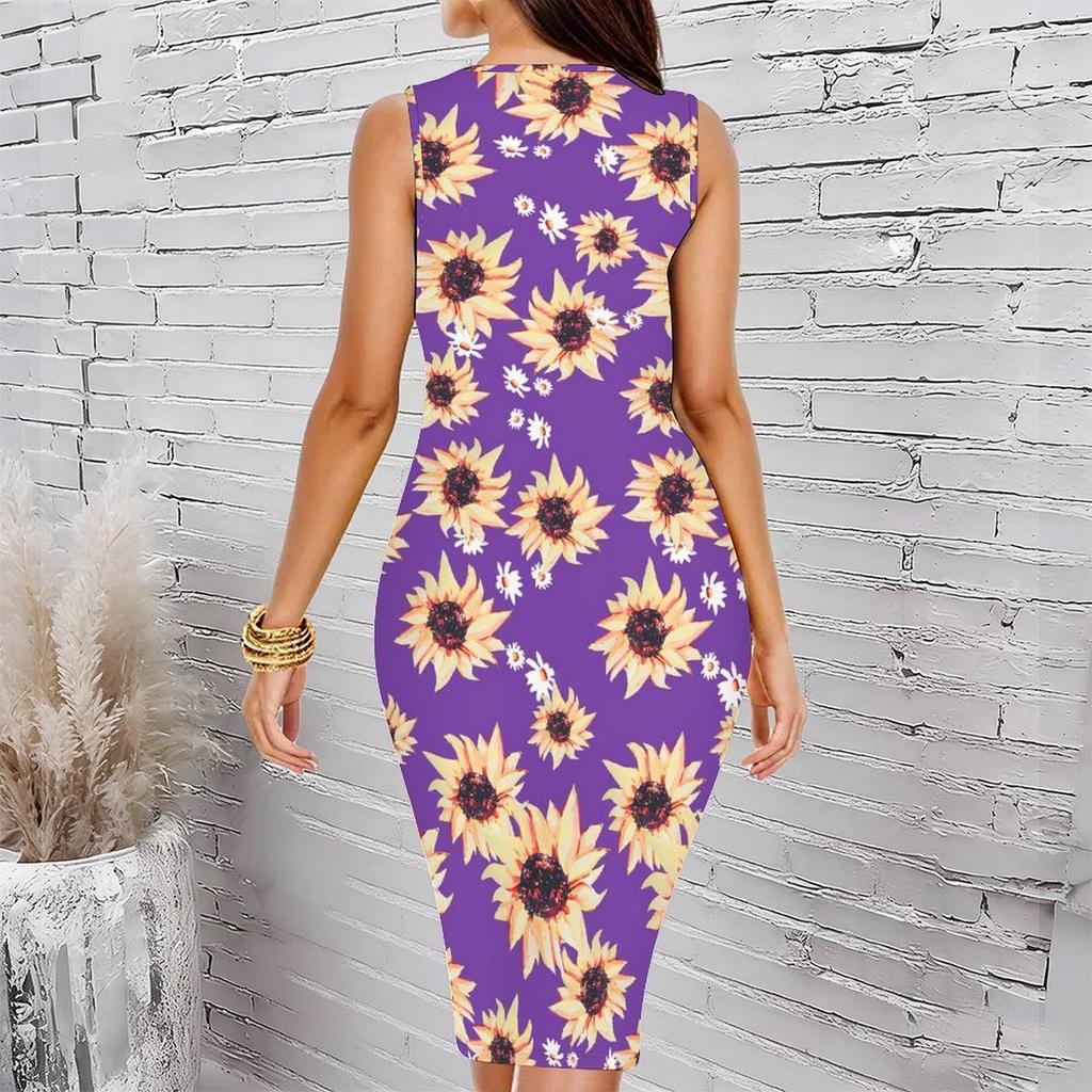 Women Plus Size Sleeveless Round Neck Midi Bodycon Dress Elegant Hanging Floral Print Blue Slim Fit Dress