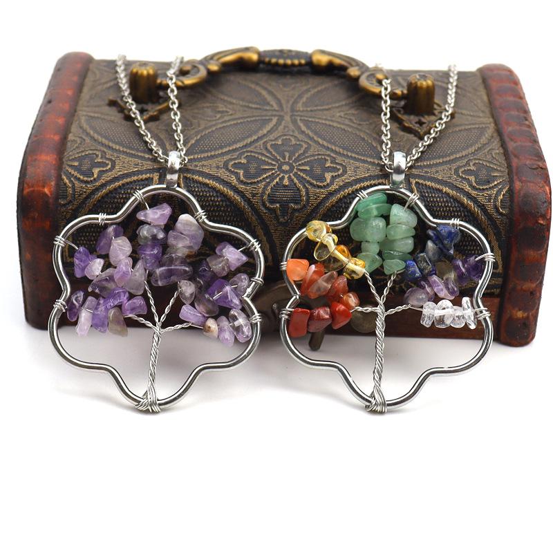 Silver Wire-Wrapped Flower Tree of Life Crystal Pendant Necklace N72