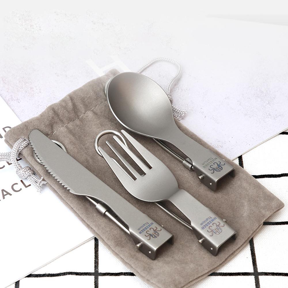 Outdoor Camping Tableware Ti Folding Spoon Fork and Knife Set for Outdoor Climbing Hiking Adventure