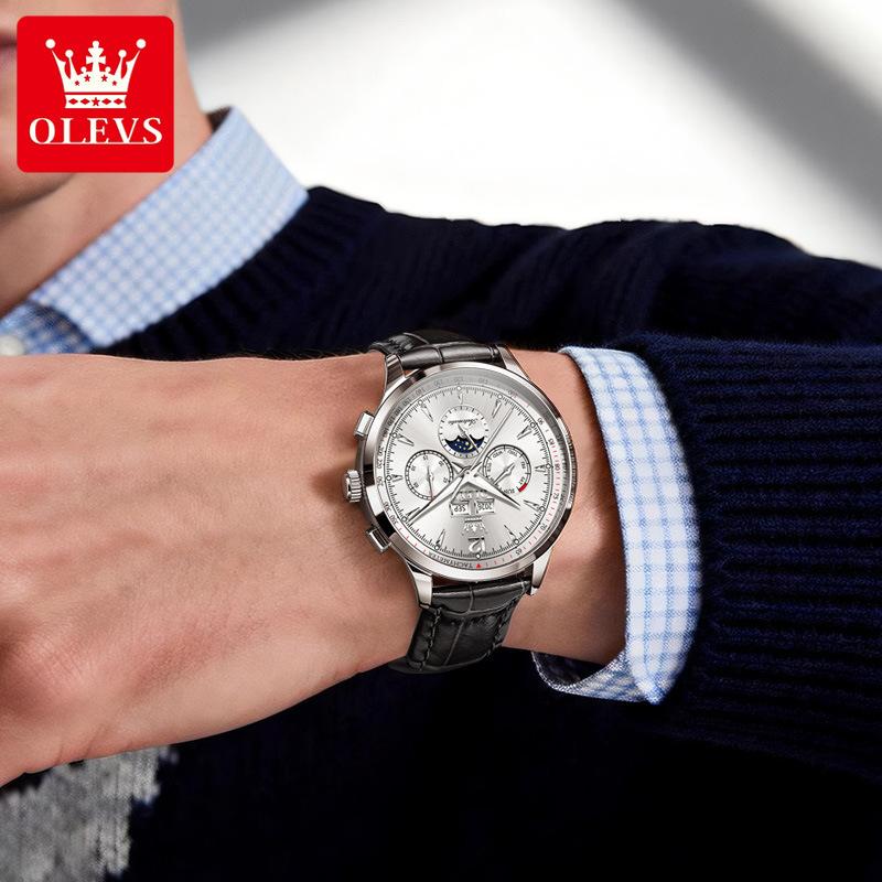 OLEVS Belt Perpetual Calendar Multi-function Moon Phase Mechanical Watch with Night Light for Men's Watch, Men's Timepiece