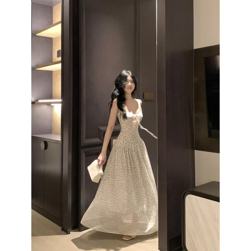 French Pure Waist Pinched White Polka Dot Suspender Dress Women's Summer Pure Desire Temperament Waist Thin Dress