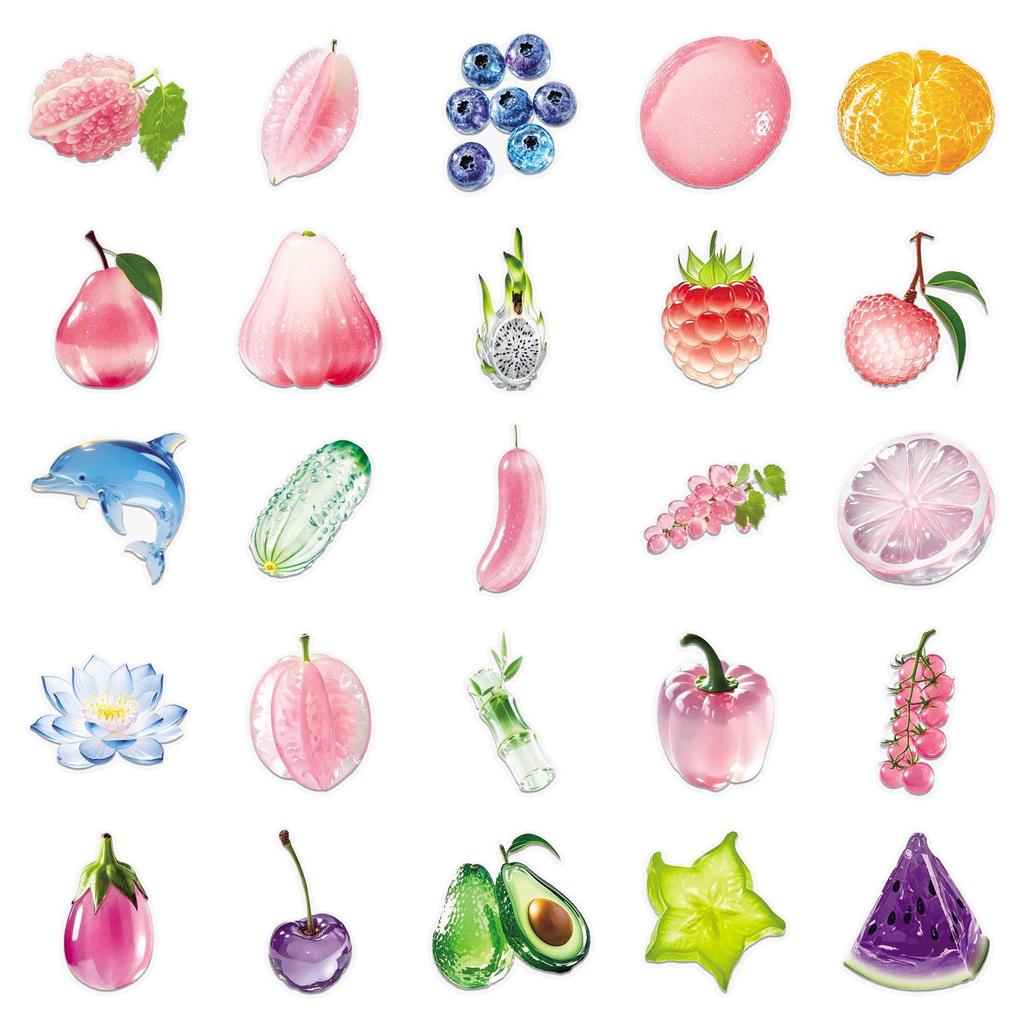 50 Transparent Waterproof PET Stickers - Colorful Fruit & Food Designs for Water Bottles