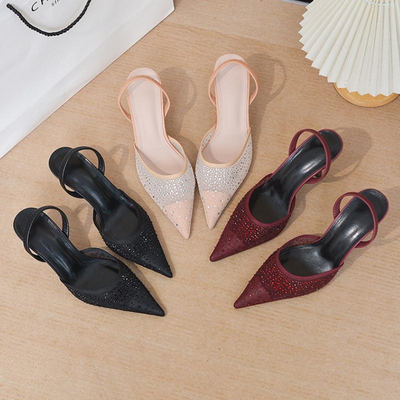 Sandale de Lux Strălucitoare cu Strass Femei Vară Sexy Plasă Vârf Ascuțit Slingbacks Toc Subțire Înalt Pantofi Eleganti pentru Petrecere