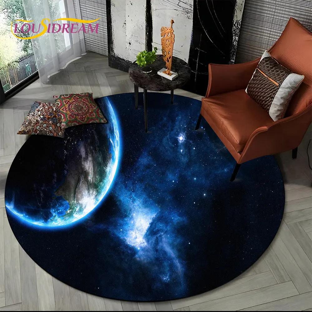 Earth Space Fixed Stars Galaxy Round Area Rug,Carpet for Living Room Children's Bedroom Sofa Playroom Decor,Non-slip Floor Mat