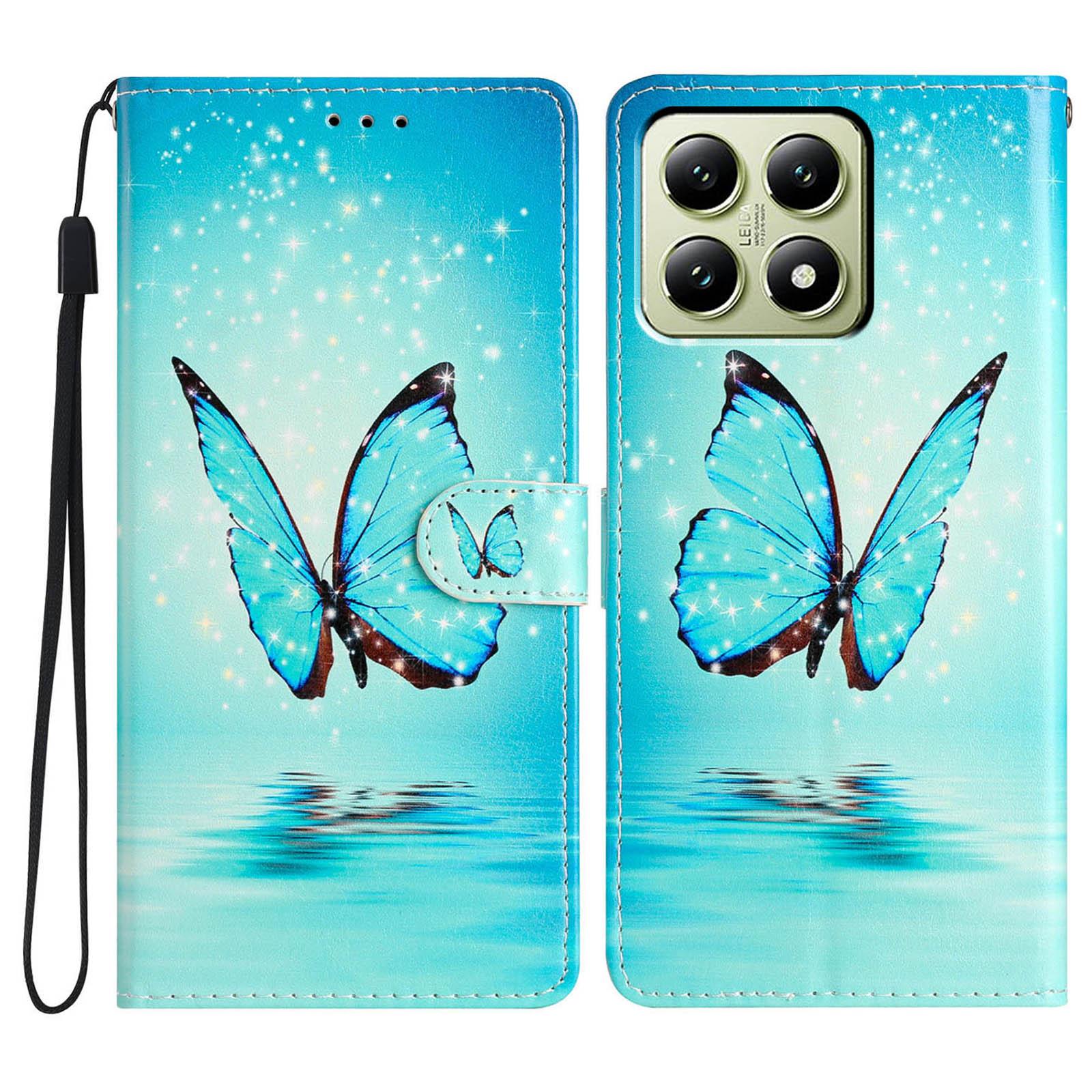 

For Xiaomi 14T Wallet Case PU Leather Pattern Printing Stand Phone Cover with Strap Blue Butterfly