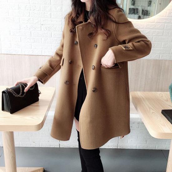 Women Fall Winter Trench Coat Double-breasted Thick Warm Vintage Woolen Mid Length